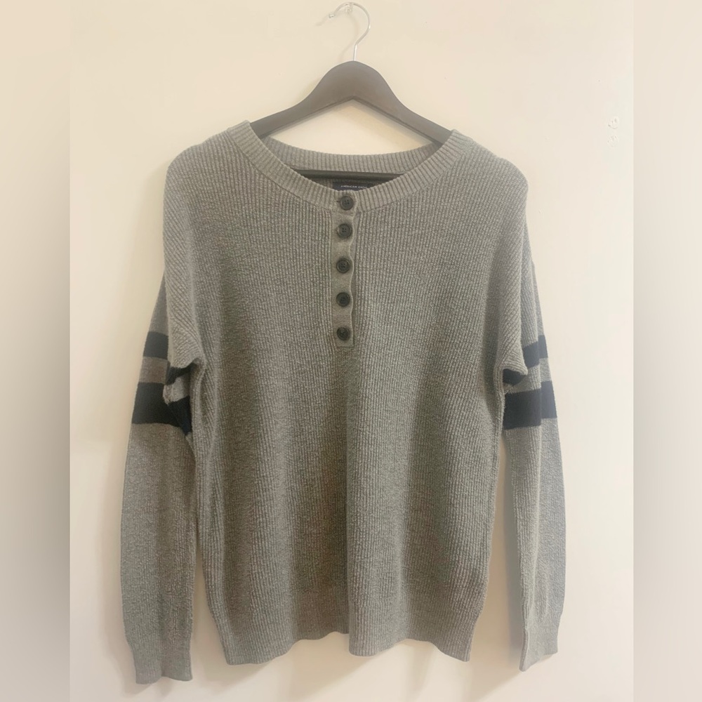 American Eagle Grey Sweater Wood Buttons Black Stripes